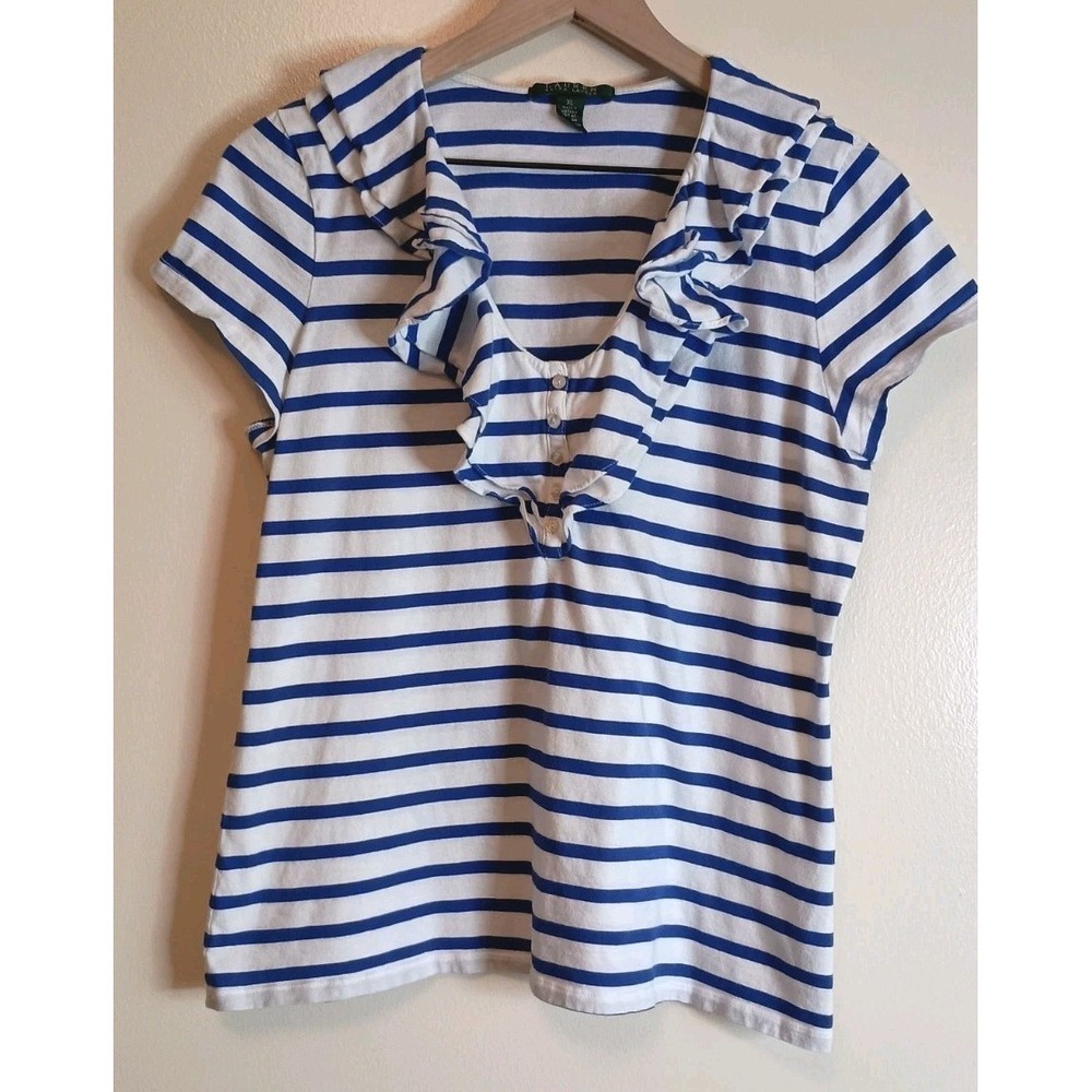 Lauren Ralph Lauren Blue White Stripe Ruffle Henley Tee XL‎ Nautical Top